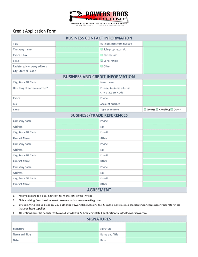 Credit Application Form screenshot