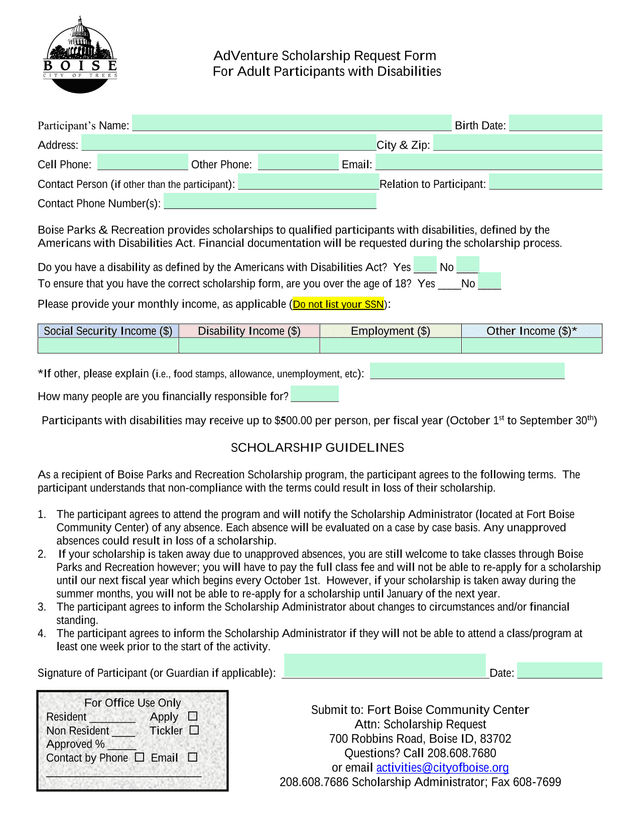 AdVenture Scholarship Request Form For Adult Participants With Disabilities screenshot