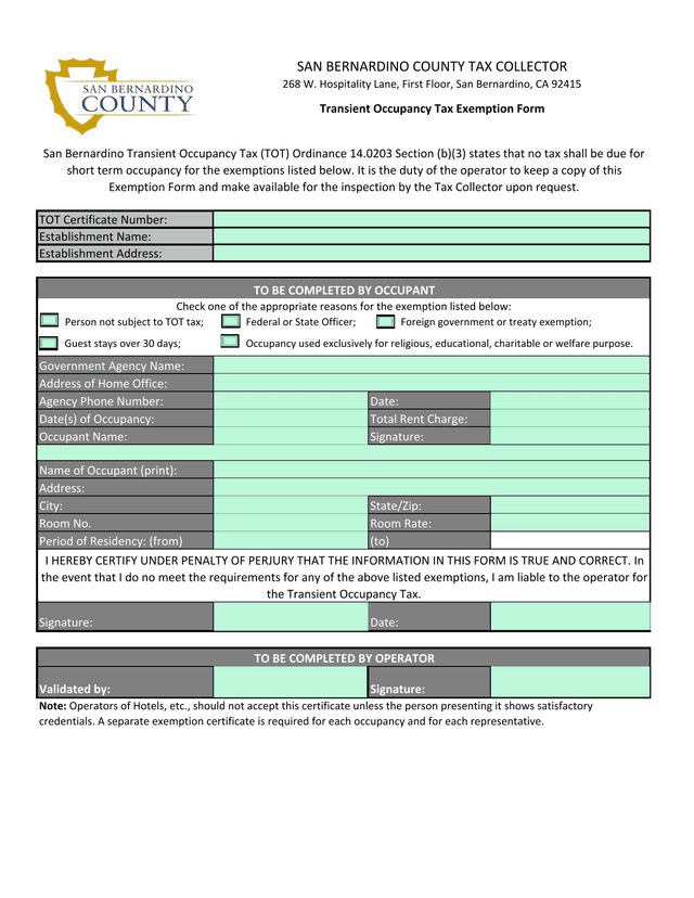 Transient Occupancy Tax Exemption Form screenshot