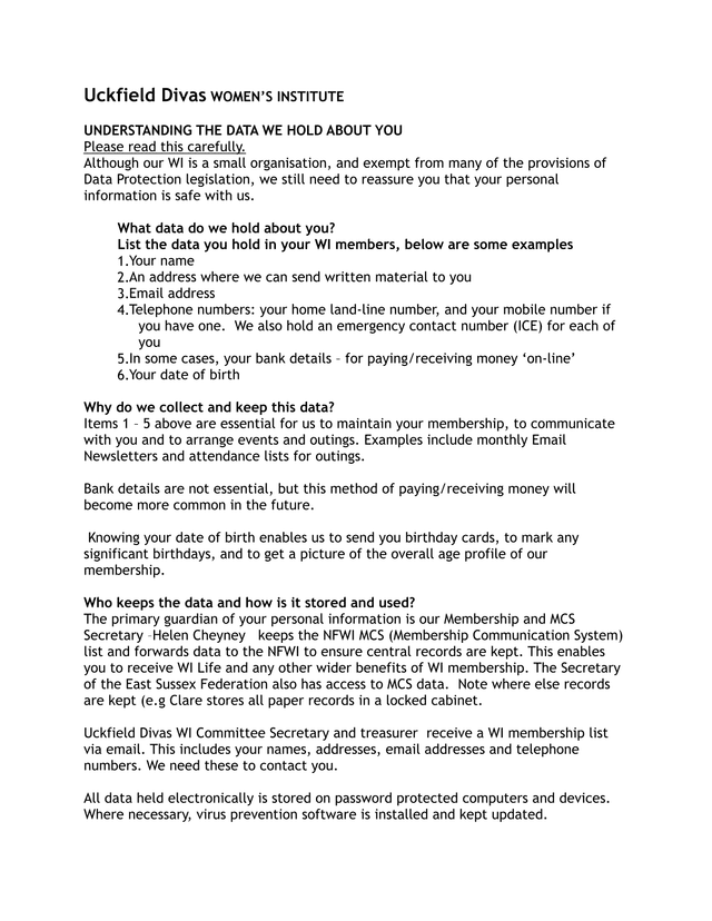 Uckfield Divas WOMENS INSTITUTE Data Handling Statement screenshot