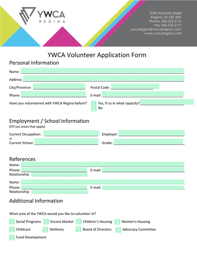 YWCA Volunteer Application Form screenshot