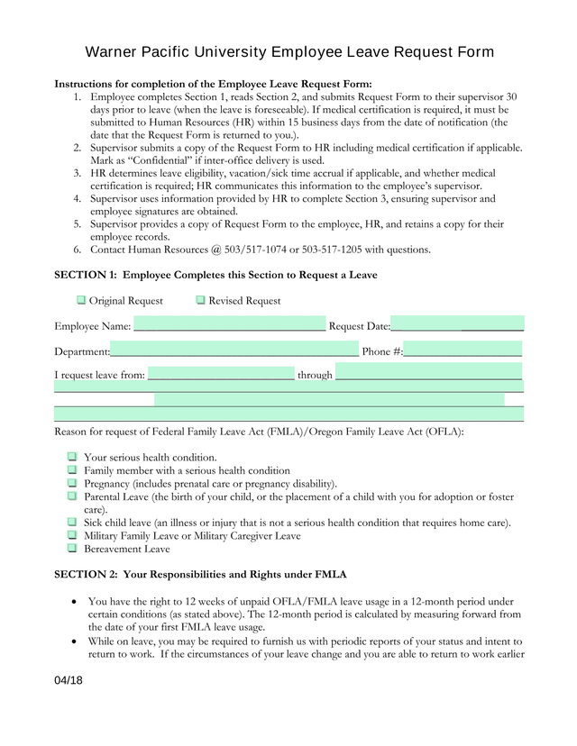 Warner Pacific University Employee Leave Request Form screenshot