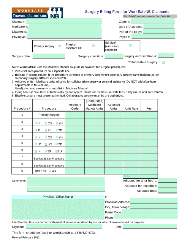 Surgery Billing Form For WorkSafeNB Claimants screenshot