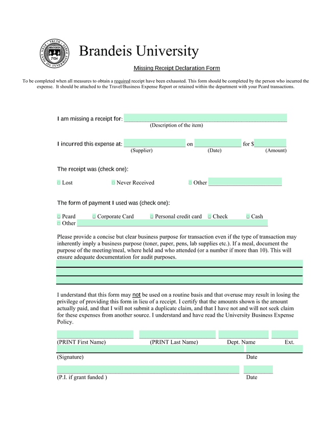Missing Receipt Declaration Form screenshot