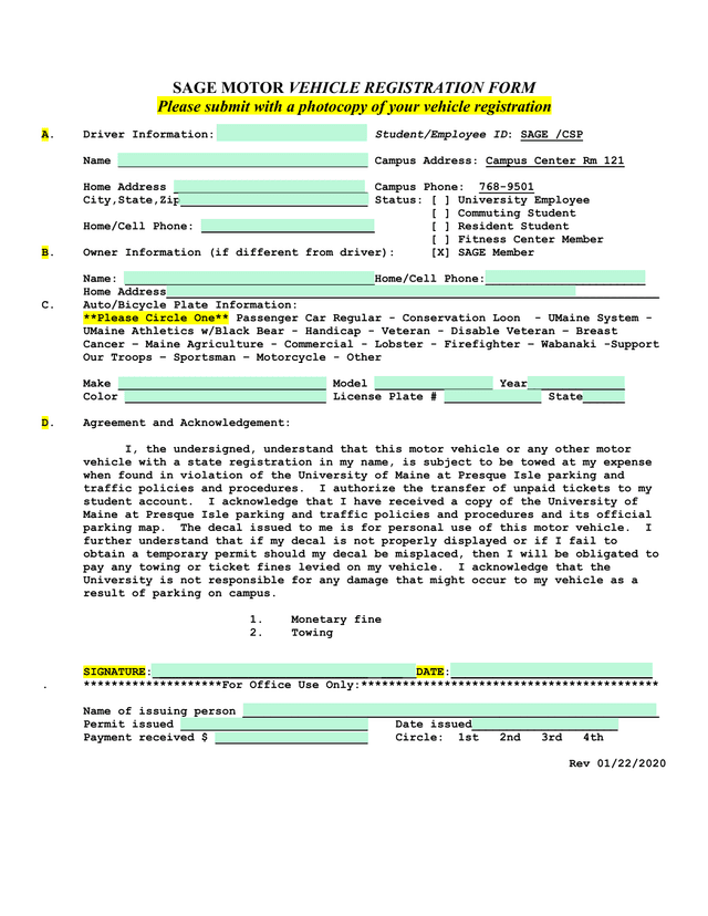 SAGE Motor Vehicle Registration Form screenshot