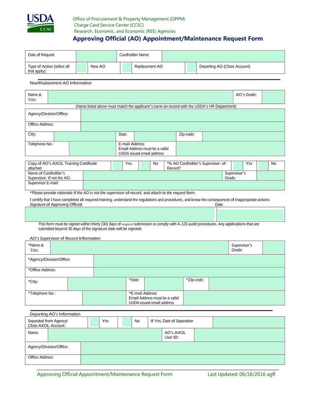 Approving Official AppointmentMaintenance Request Form screenshot