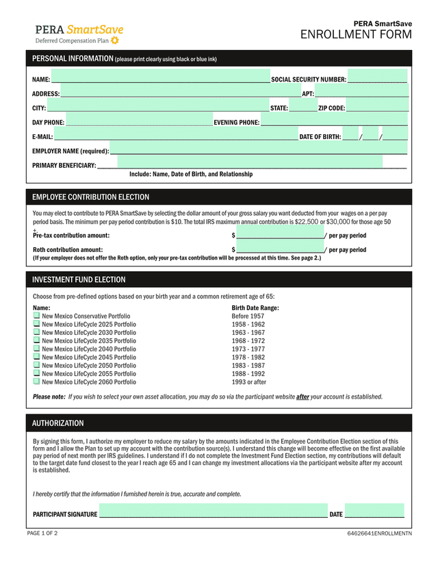PERA SmartSave ENROLLMENT FORM screenshot