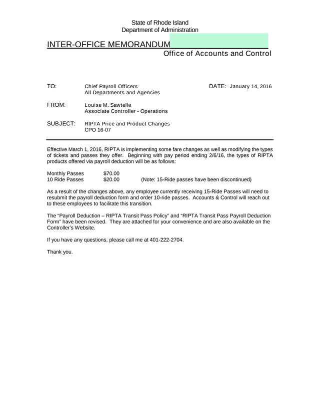 Inter Office Memorandum RIPTA Price And Product Changes screenshot
