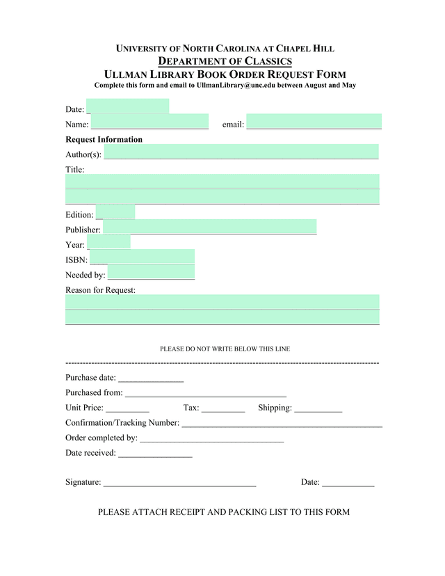 Ullman Library Book Order Request Form screenshot