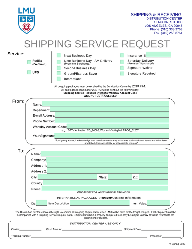 Shipping Service Request Form screenshot