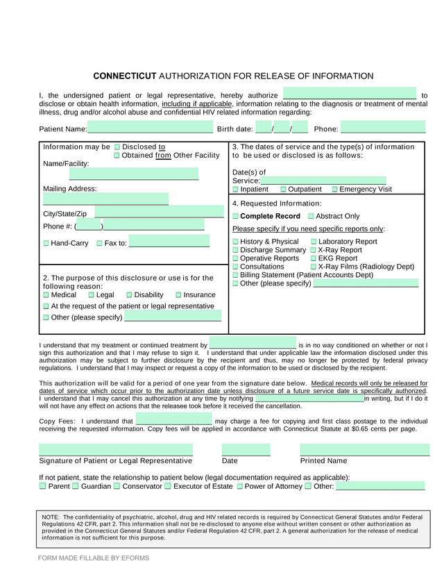 Connecticut Authorization For Release Of Information screenshot