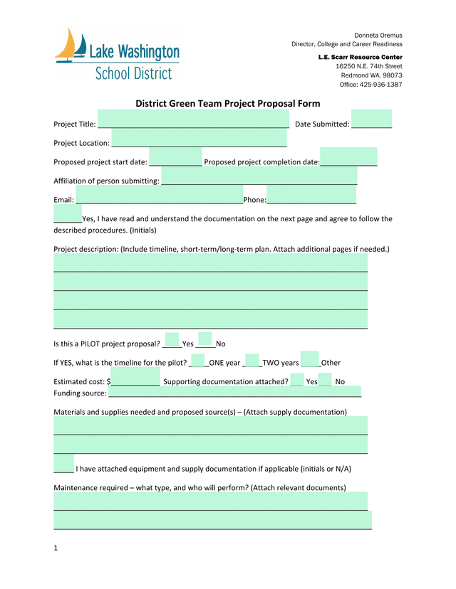 District Green Team Project Proposal Form screenshot