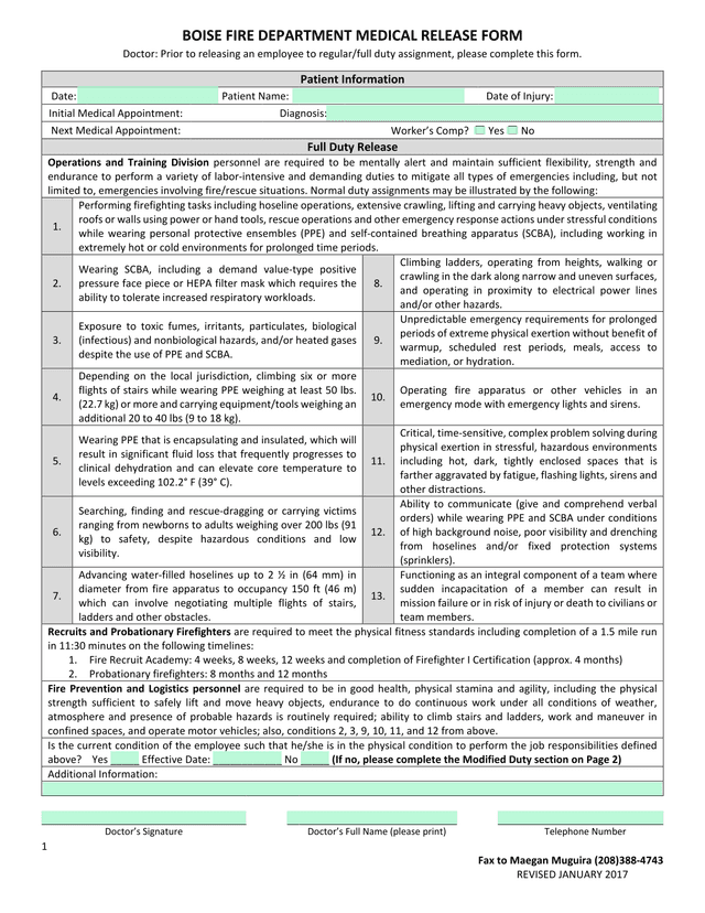 BOISE FIRE DEPARTMENT MEDICAL RELEASE FORM screenshot