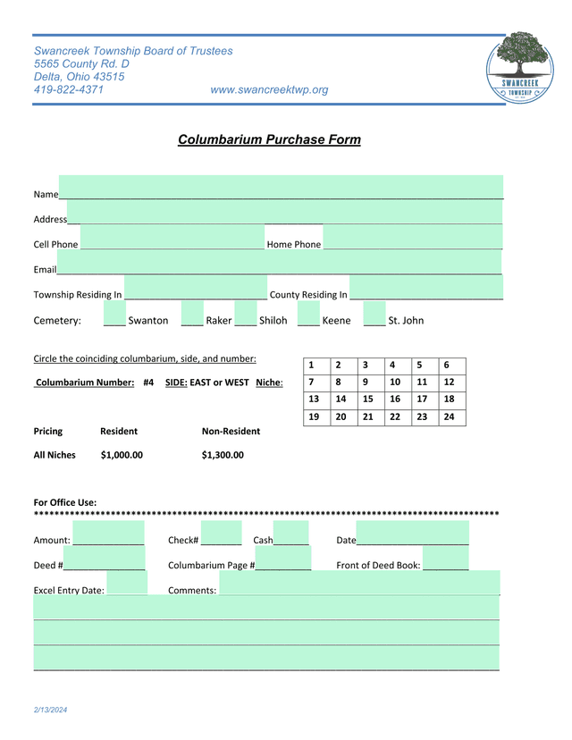 Columbarium Purchase Form screenshot