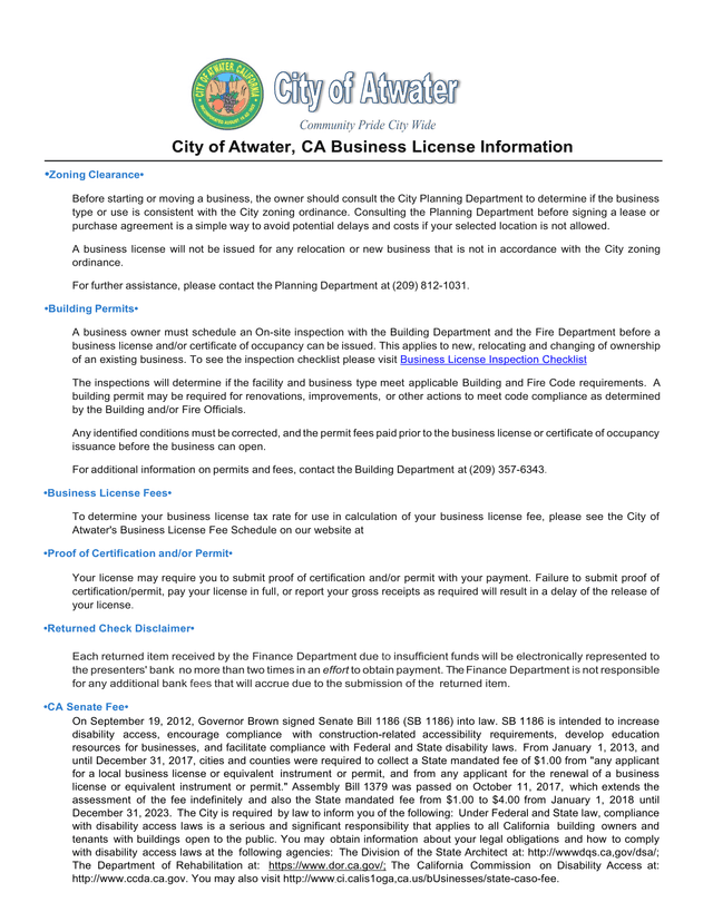 City Of Atwater Business License Information screenshot