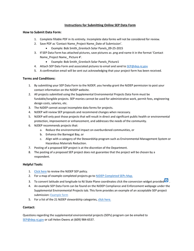 Instructions For Submitting Online SEP Data Form screenshot