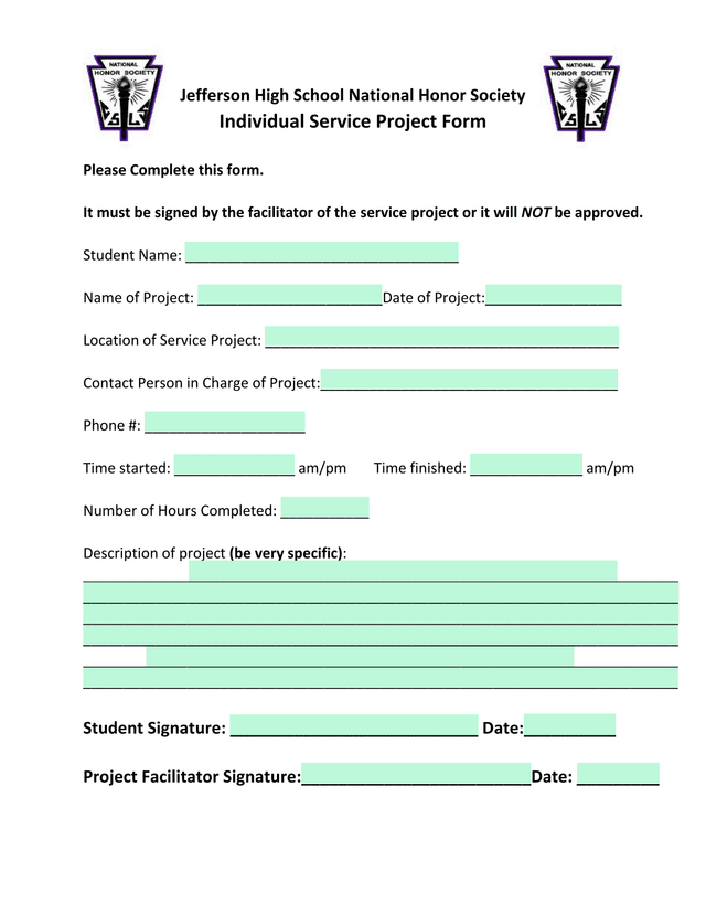 National Honor Society Individual Service Project Form screenshot