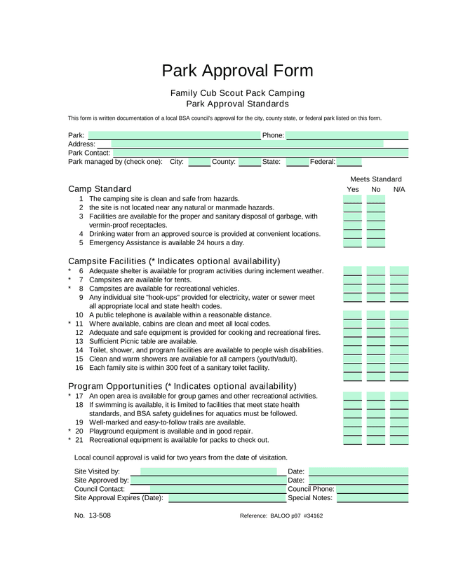 Park Approval Form screenshot