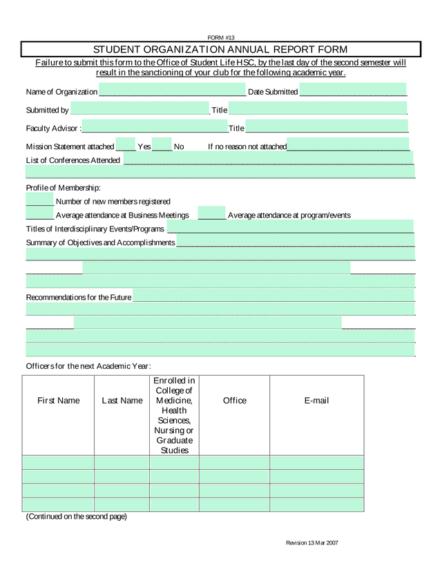 STUDENT ORGANIZATION ANNUAL REPORT FORM screenshot