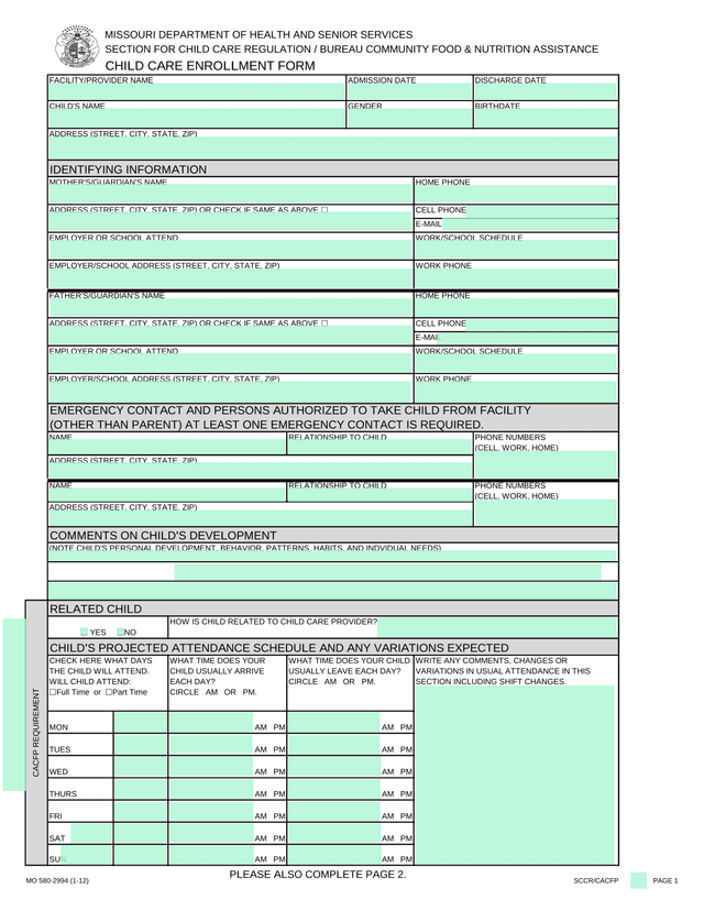 CHILD CARE ENROLLMENT FORM screenshot