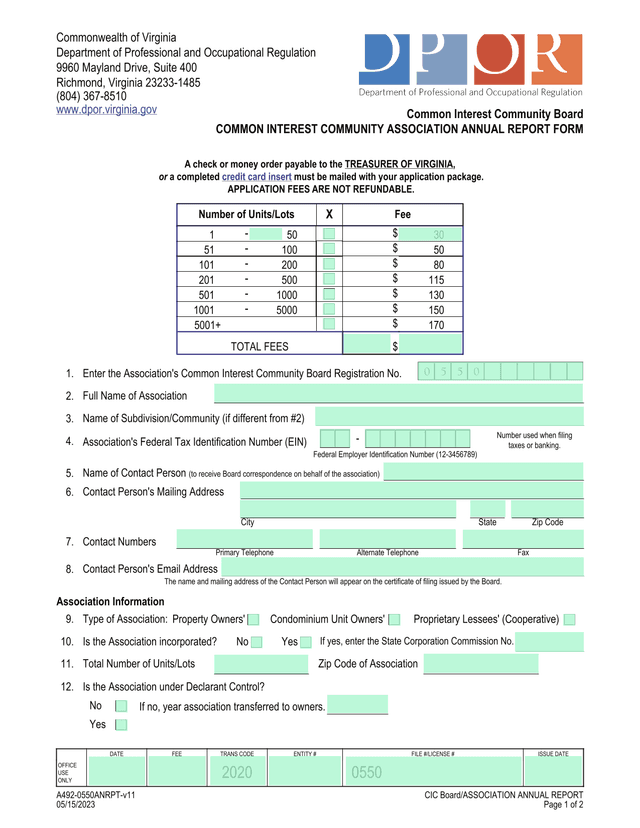 Common Interest Community Association Annual Report Form screenshot