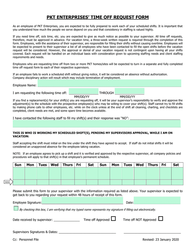 PKT Enterprises Time Off Request Form screenshot