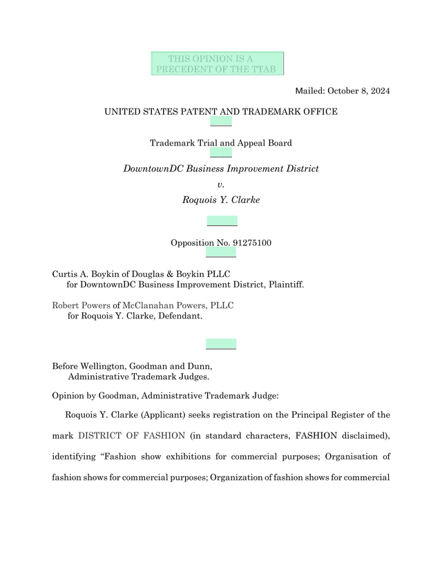 Trademark Trial And Appeal Board Opinion DowntownDC Business Improvement District V. Roquois Y. Clar screenshot