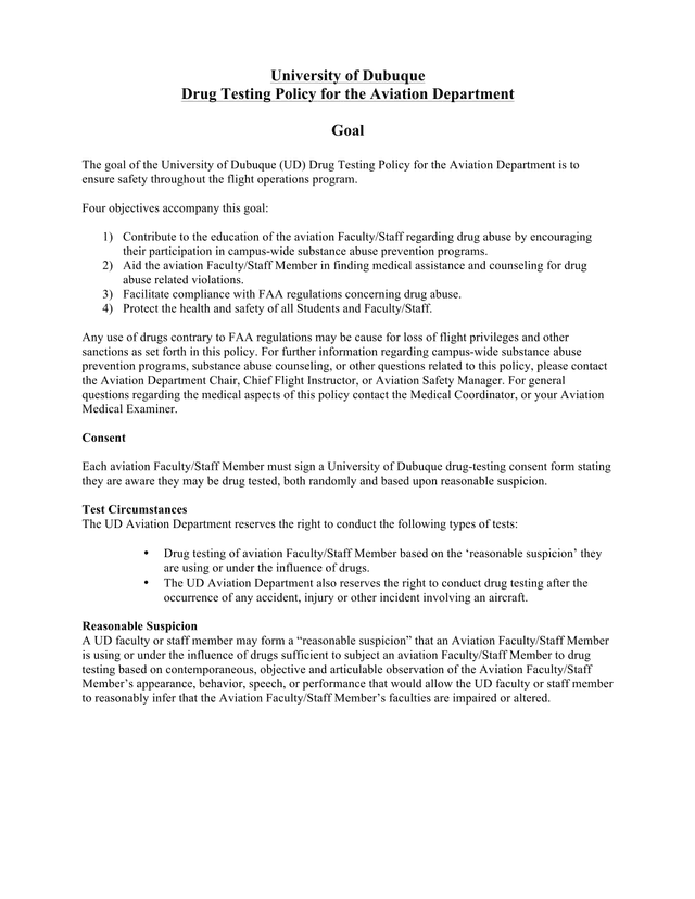 University Of Dubuque Drug Testing Policy For The Aviation Department screenshot