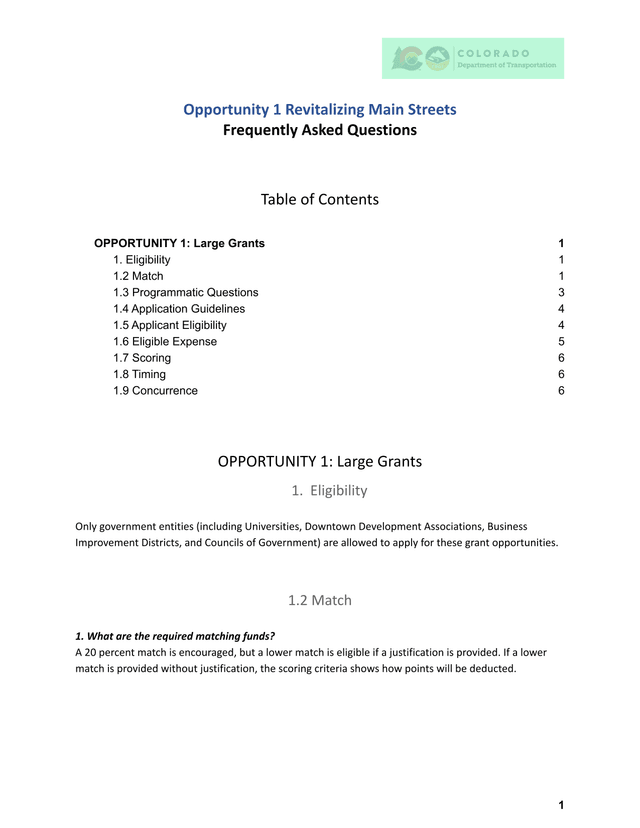 Opportunity 1 Revitalizing Main Streets Frequently Asked Questions screenshot