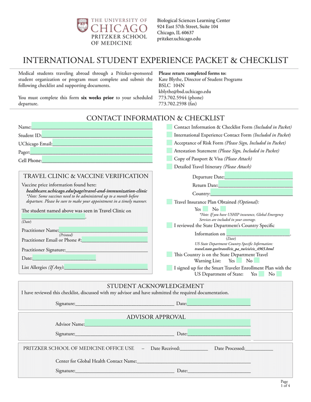 International Student Experience Packet  Checklist screenshot
