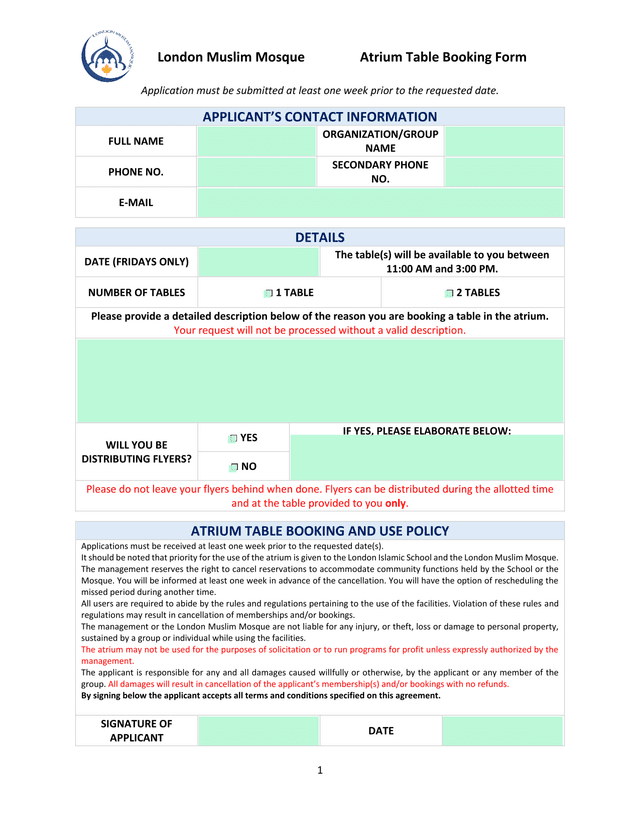 London Muslim Mosque Atrium Table Booking Form screenshot