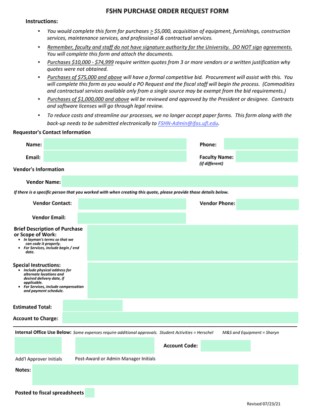 FSHN Purchase Order Request Form screenshot