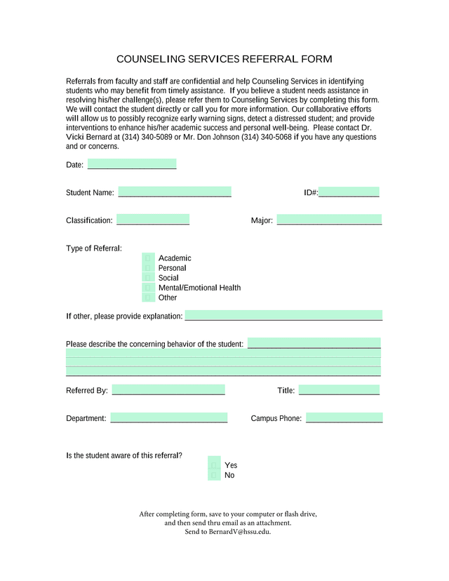 Counseling Services Referral Form screenshot