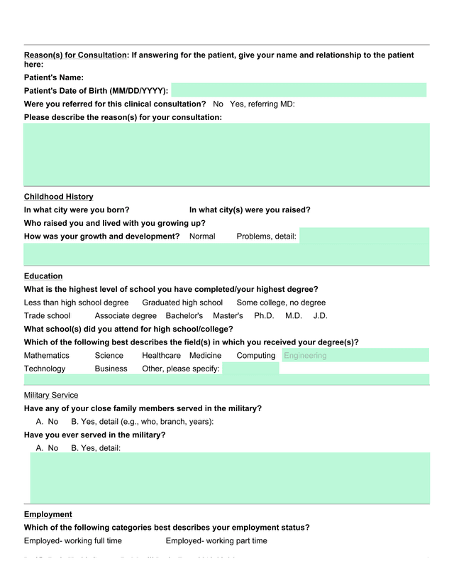 Pacific Brain Health Center  Dr Merrill Intake Form screenshot