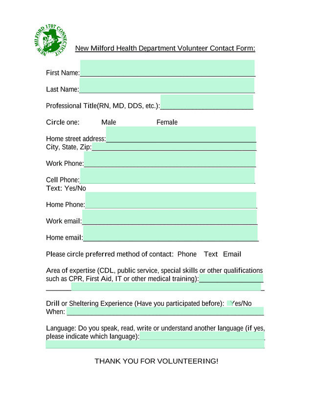 New Milford Health Department Volunteer Contact Form screenshot