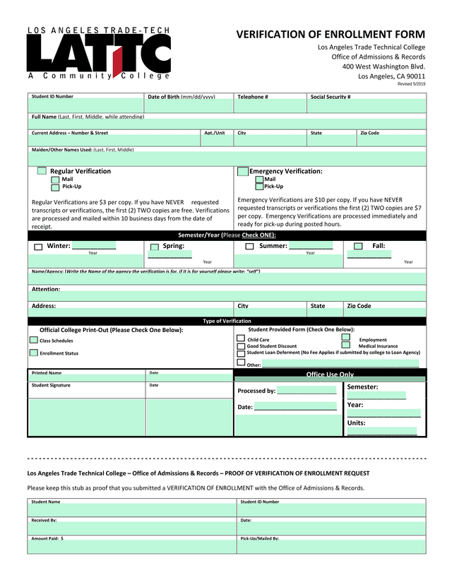 Verification Of Enrollment Form screenshot