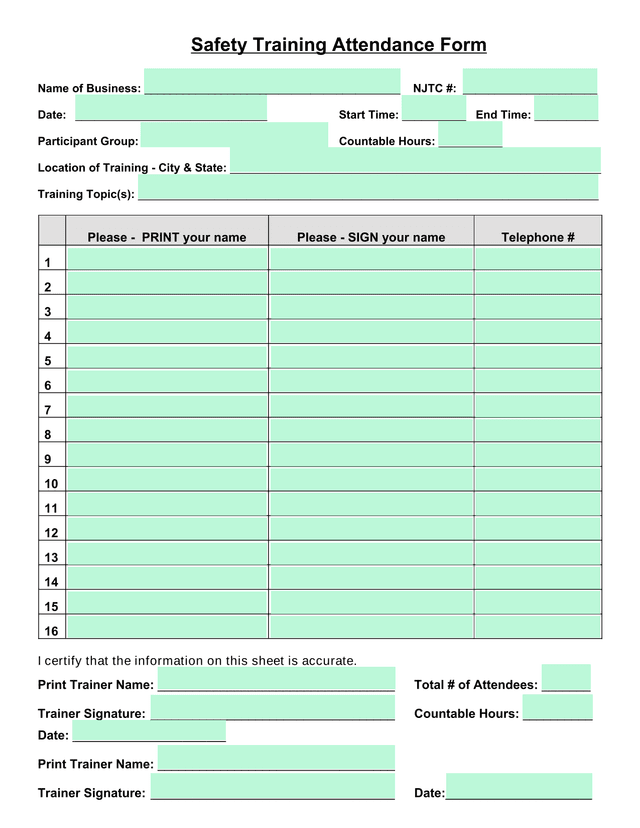 Safety Training Attendance Form screenshot