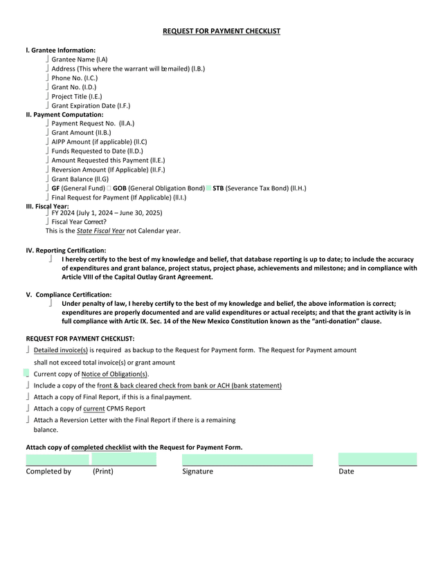 Request For Payment Checklist screenshot