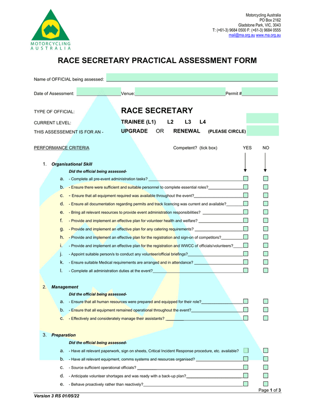 Race Secretary Practical Assessment Form screenshot