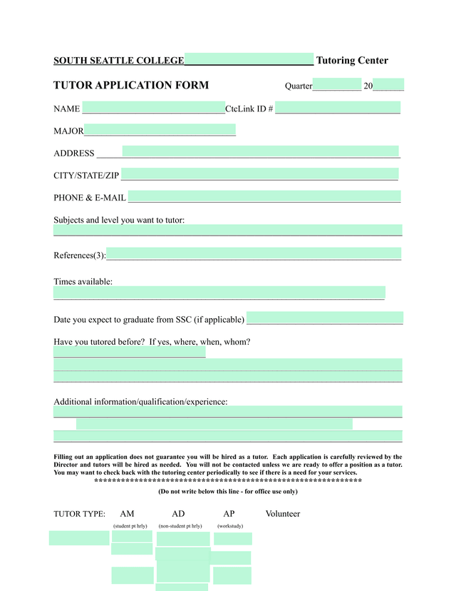 South Seattle College Tutor Application Form screenshot