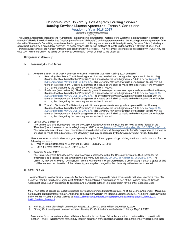 Housing Services License Agreement   Terms  Conditions screenshot