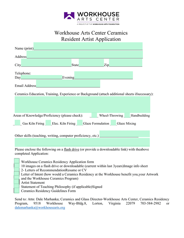 Workhouse Arts Center Ceramics Resident Artist Application screenshot