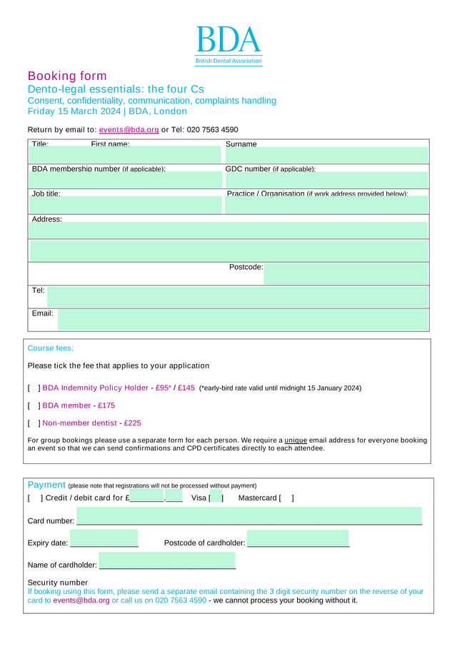 Booking Form   Dento Legal Essentials The Four Cs screenshot
