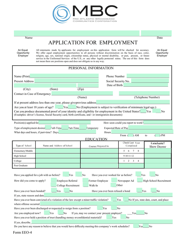 APPLICATION FOR EMPLOYMENT screenshot