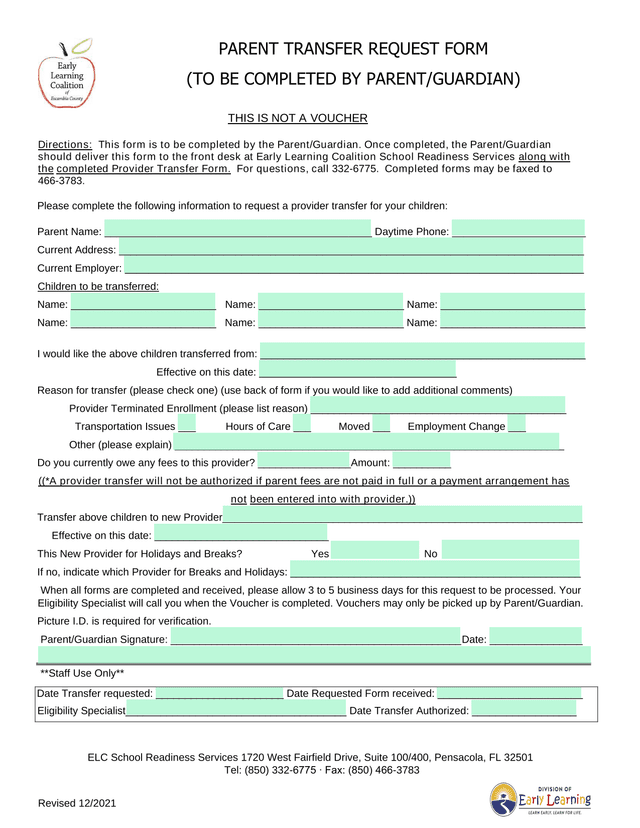 Parent Transfer Request Form screenshot