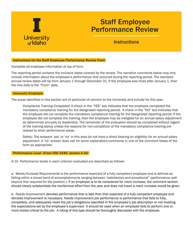 Staff Employee Performance Review Instructions screenshot