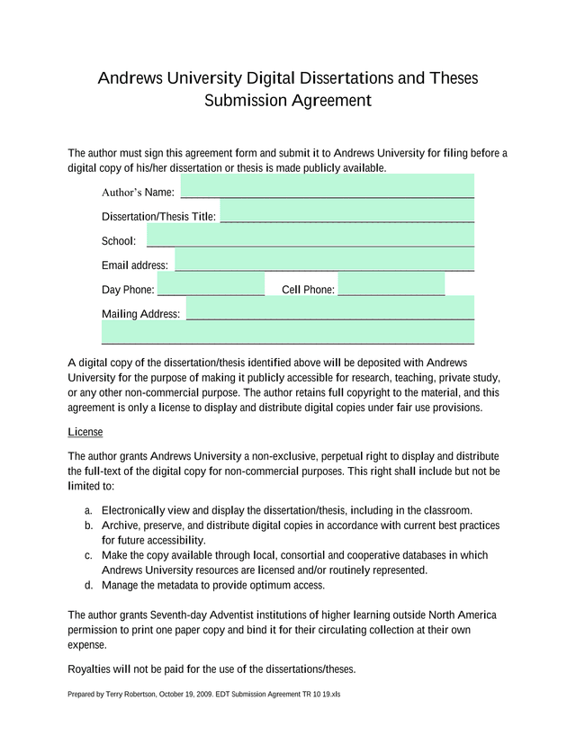 Andrews University Digital Dissertations And Theses Submission Agreement screenshot