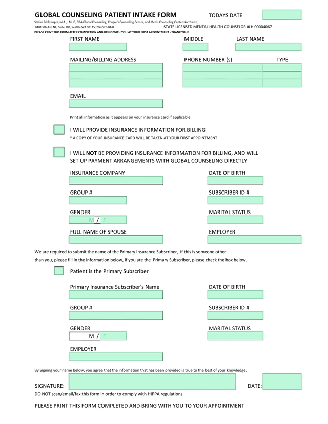 Global Counseling Patient Intake Form screenshot