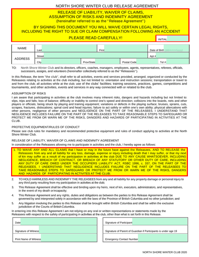 North Shore Winter Club Release Agreement screenshot