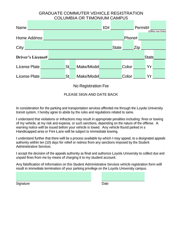 Graduate Commuter Vehicle Registration screenshot
